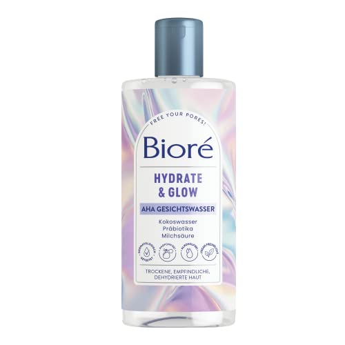 Bioré Hydrate en Glow AHA gezichtswater, inhoud: 235 ml, huidtype: droog, gevoelig, gedehydrateerd, met kokoswater, prebiotica en melkzuur