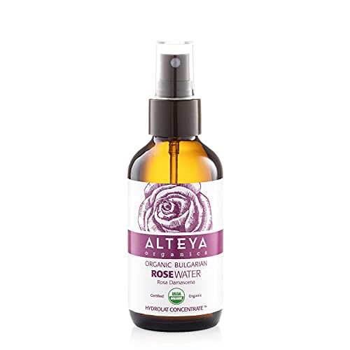Alteya Organic Rozenwater Bio Glazen Flessenspray 120ml - 100% USDA biologisch gecertificeerd puur authentiek natuurlijk ‘Rosa Damascena’ bloesemwater, stoom gedistilleerd en rechtstreeks vervaardigd en verkocht door de rozenkweker Alteya Organics.