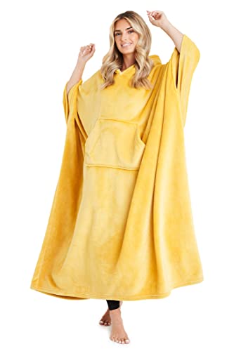 CityComfort deken met capuchon oversized fleece enorme draagbare deken voor vrouwen en mannen, Mosterd, Eén maat