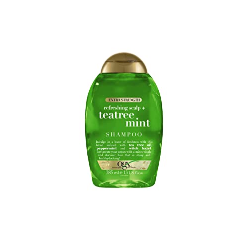 OGX Refreshing Scalp Teatree Extra Strong Shampoo (385 ml), verzorgende en verkwikkende haarverzorgingsshampoo met theeboomolie, munt en toverhazelaar, verfrissende glanshampoo, sulfaatvrij