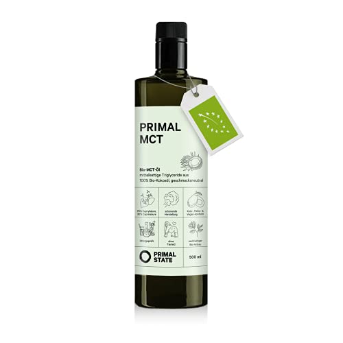 Primal State® Bio MCT olie [500ml] | incl. schenktuit in glazen fles | 70% caprylzuur en 30% caprinezuur uit 100% biologische kokosolie