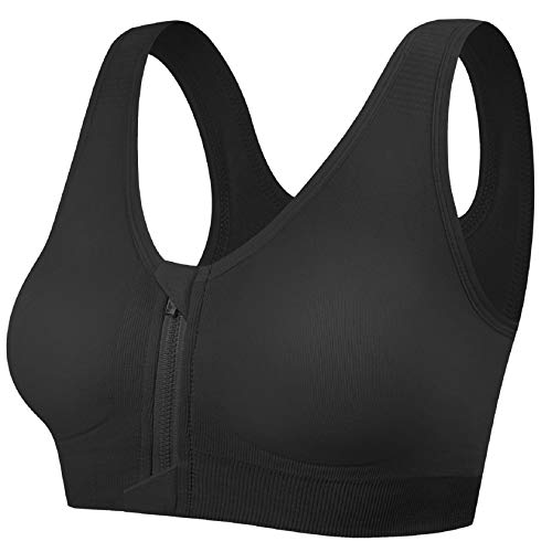 Tuopuda Sportbeha voor dames, gevoerde elasticiteit, bustier, yoga-beha zonder beugel, push-up rits aan de voorkant, sterke grip, dubbele bandjes, voor fitness, hardlopen, joggen, top, zwart, L