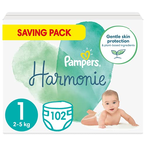 Pampers Maat 1 Harmonie Luiers, 102 Stuks (2 - 5 kg), Beschermt de gevoelige babyhuid, Met plantaardige materialen