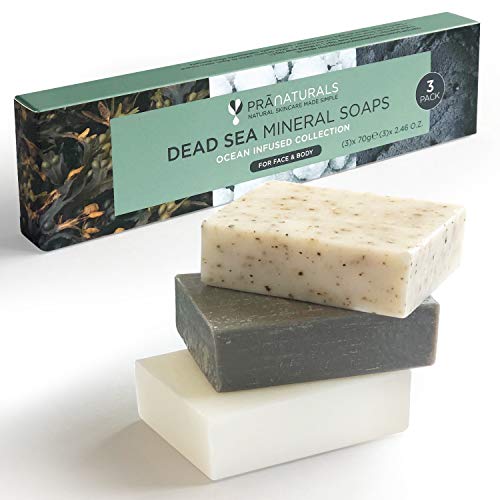 PraNaturals Dode Zee zeep - 70g Per Zeep - Ocean Infused Collectie – 3 Pak met Verschillende Smaken - van Nature Rijk aan Mineralen - Perfect Cadeau - Set Bevat Modderzeep, Zeewierzeep & Minerale Zeep