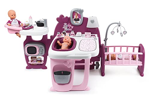 Smoby 220349 - Baby Nurse speelcentrum Voor Poppen, met Poppenbed, Badkuip, Speelkeuken, Luiertafel, Kinderen, Vanaf 3 Jaar, Roze, Paars, 149,1 x 71 x 71 cm
