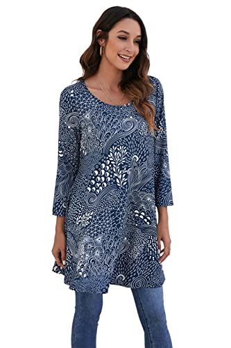 Enmain Dames tuniek shirt lange mouwen / korte mouwen longshirt paisley bloemen 3/4 mouwen losse tops zittende tops tunieken casual blouses T-shirt, S-3XL, blauw, XXL