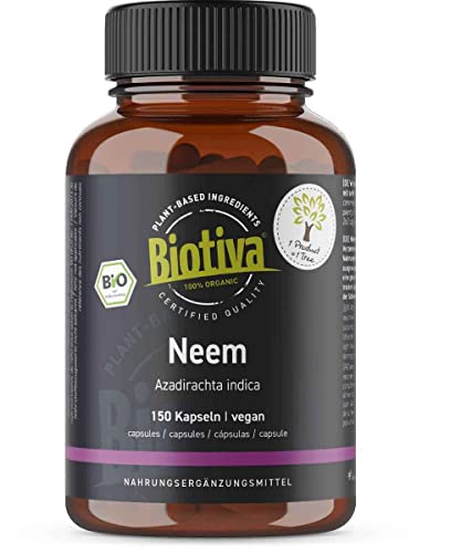 Biotiva Neem Capsules Bio - Azadirachta Indica - 150 Capsules - 100% Veganistisch -Neembaum -Niembaum -Ayurveda Voedingssupplementen -Organische kwaliteit - Gebotteld en gecontroleerd in Duitsland (DE-ECO-005)