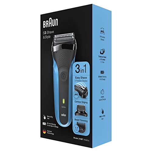 Braun Series 3 Scheerapparaat Voor Mannen, Shave&Style, Wet&Dry Scheermes Voor Man, Draadloos & Elektrisch Scheerapparaat, Ontharen, Man Shaver, 310BT, Zwart/Blauw