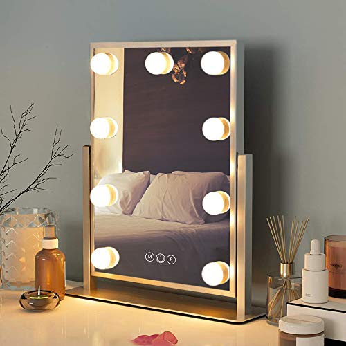 FENCHILIN Hollywood spiegel make-up spiegel met verlichting 360° draaibaar Verlichte make-up spiegel met 9 dimbare LED lampen Cosmetische spiegel met licht 3 lichtkleuren wit 25x30 cm