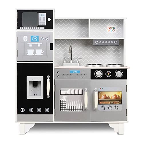 Baby Vivo Kinderkeuken Houten Speelkeuken met LED Licht en Geluid Waterdispenser Keuken Houten Speelgoedkeuken - Mattheo in Wit