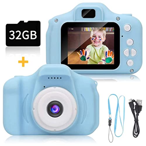 Kindercamera, 2,0 inch HD-scherm, 1080p, 32 GB, digitale fotocamera, selfie en videocamera, verjaardagscadeauspeelgoed voor jongens en meisjes van 3 tot 12 jaar (met kaartlezer)