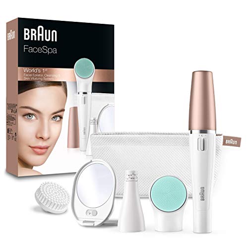 Braun Gezichtsepilator & Gezichtsreiniger, Gezichtsborstel, FaceSpa, 3-In-1, voor een Stralende Huid, Met Etui En Extra Batterij, Met Kussen Voor Gezichtsmassage, 851V, Wit