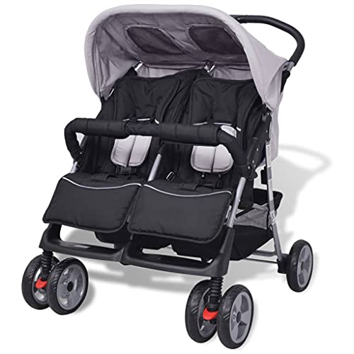 vidaXL Tweelingbuggy Staal Grijs en Zwart Kinderwagen Wandelwagen Buggy Baby