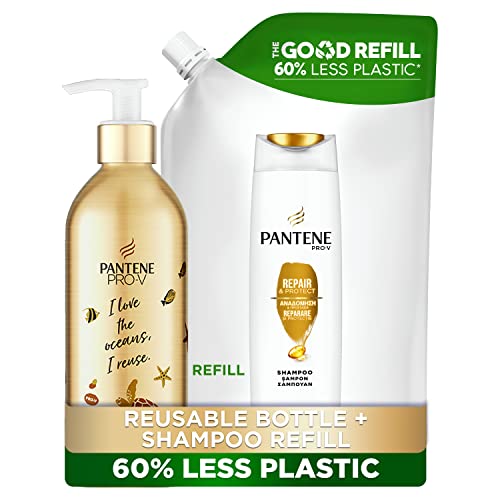 Pantene Pro-V Repair & Care Shampoo starterset, navulbare aluminiumfles en recyclebare navulverpakking, pompdispenser, shampoo dames, droog haar, haarverzorging glans, zonder siliconen, beauty, 910 ml
