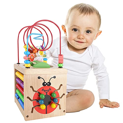 Nukdey Montessori Motoriekdobbelsteen, 6-in-1, houten activiteitenkubus, multifunctioneel houten insectenparel-labyrint-speelgoed, voorschoolse opvoeding
