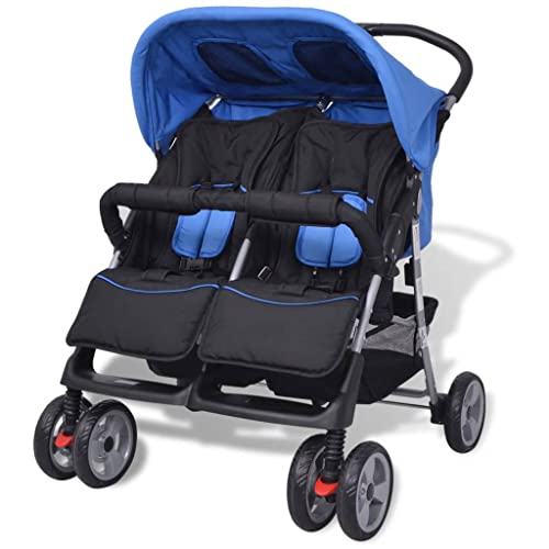 vidaXL Tweelingbuggy Staal Blauw en Zwart Kinderwagen Wandelwagen Buggy Baby