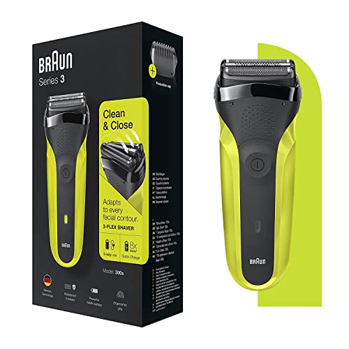 Braun Serie 3 300S elektrisch scheerapparaat met 3 flexibele mesjes, oplaadbaar en draadloos, elektrisch scheerapparaat met wasbare film, zwart/elektrisch groen