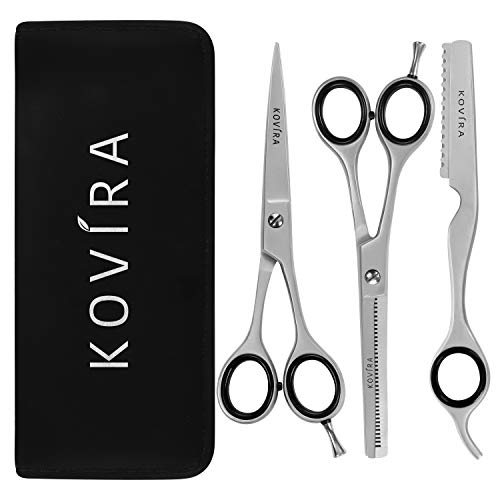 Kovira 3 Stuks Professionele Haar Scharen set – 16.5cm in Lengte – Vlijmscherpe Kappers Scharen en Coupescharen – Roestvrij Stalen Barbier Scharen en Uitdun mes – Japanse Roestvrij Stalen Barbier Set