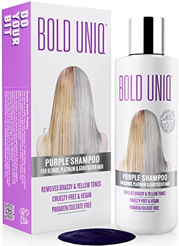 Zilvershampoo voor blond haar BOLD UNIQ Paarse shampoo voor zilveren tinten - Blauwe spoeling herstelt blond, geblondeerd haar, highlights, parabeen- en sulfaatvrij haarproduct - 250 ml