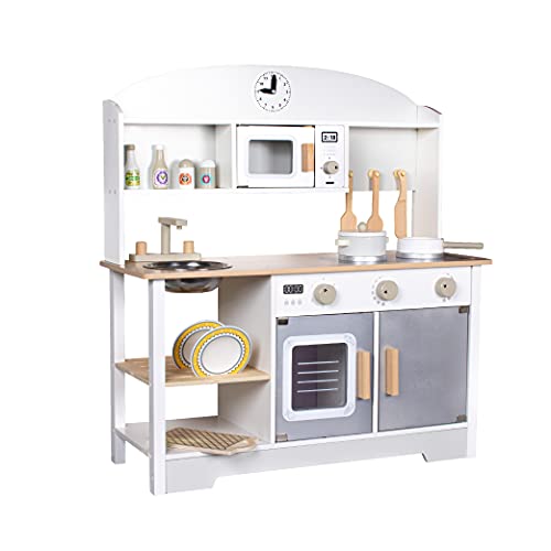 CalmaDragon Houten Keuken BL-19203, Groot, Speelgoedkeuken met magnetron, gootsteen, oven en 13 accessoires