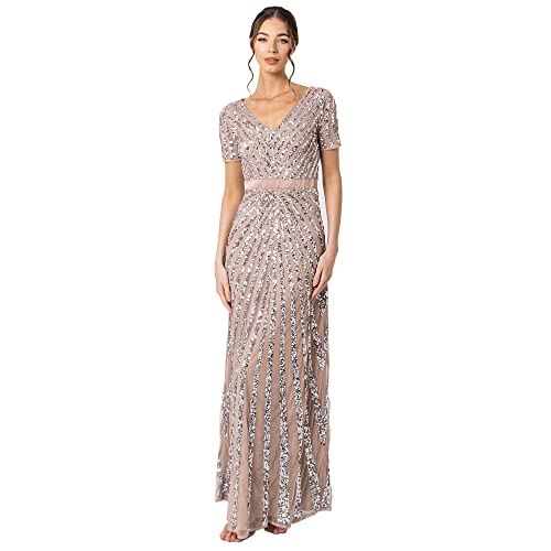 Maya Deluxe Vrouwen Maxi Dames Versierd Sequin Jurk Lange Korte Mouw V-hals Hoge Empire Taille een Cut Shiny Prom Bruiloft Bruidsmeisje, Taupe Blush, 40
