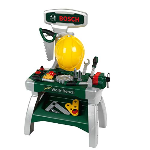 Theo Klein 8612 Bosch werkbank junior 2+ I Incl. helm, bankschroef, gereedschap, latjes, spijkers, schroeven en moertjes I Afmetingen: 49 cm x 29 cm x 71 cm I Speelgoed voor kinderen vanaf 2 jaar