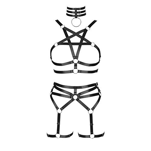 BBOHSS Dames Body Harness Pentagram BH Set Punk kousenband been taille dans Elastic Gothic Carnival Accessoires, zwart, One size