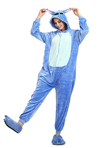 Onesie Volwassenen Pyjama Vrouwen Warm Nachtkleding Huiskleding Dinosaurus Stitch Eenhoorn Dier Cartoon Speelpak Flanellen Pyjama Jumpsuit, Blauwe Stitch, S