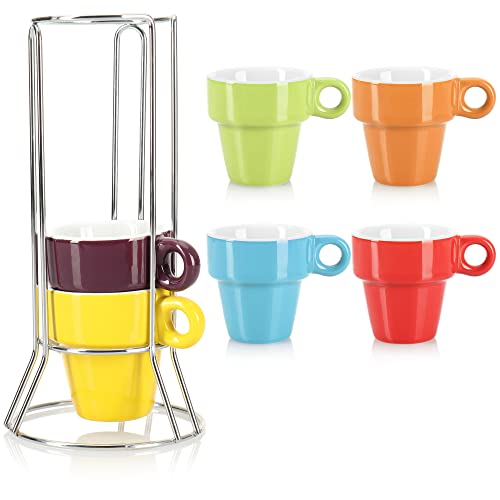 COM-FOUR® 6x espresso kopje van keramiek - Mokka kopjes met chromen voet - Kleine koffiekopjes voor espresso, mokka en cappuccino (06 stuks - oranje/paars/rood/groen/blauw/geel)
