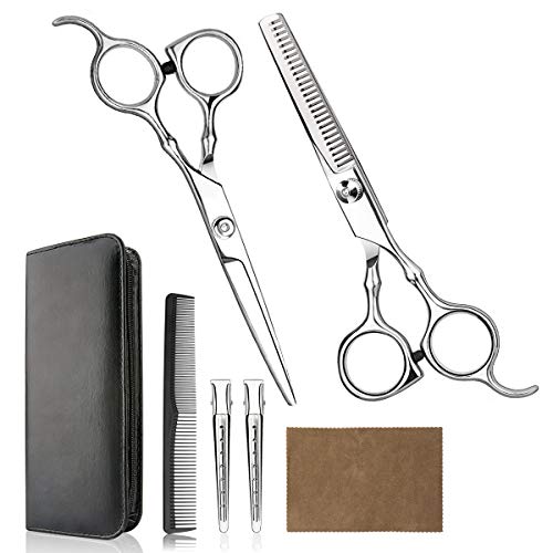 VANWALK Professionele kappersscharen, 2 premium scherpe kappersscharen, thuis-tondeuse, kit met kapmantel, voor mannen, vrouwen, kinderen (zilver)