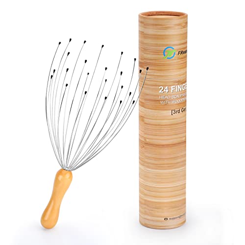 FREATECH Hoofdmassage Spin met 24 Vingers - Ergonomisch Houten Handvat, Hoofd Massager Hoofdkrabber voor Diepe Ontspanning en Stressverlichting, Hoofdhuidmassage en Haarstimulatie