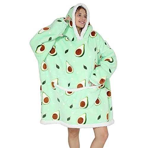 Oversized Deken Hoodie - Sherpa Fleece Draagbare Deken voor Unisex Volwassen Vrouwen Mannen, Pluizige Giant Comfortabele Hooded Sweatshirt, Avocado, One size