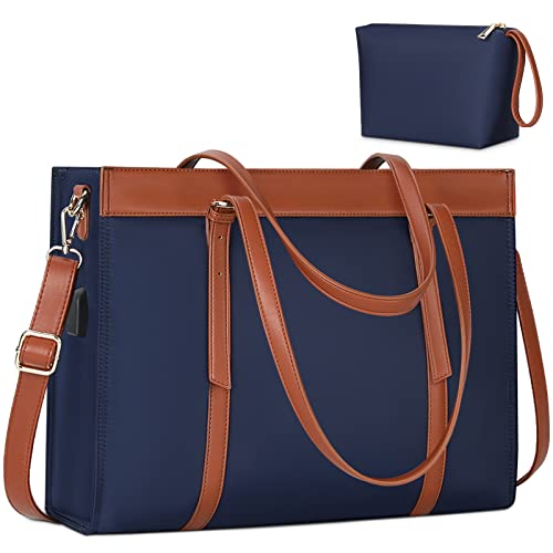 KTMOUW Shopper voor dames, groot, 15,6 inch waterdichte handtas, laptoptas, schoudertas, met USB-oplaadaansluiting, marineblauw, Retro