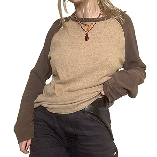 Womens Y2K lange mouwen vintage herfst tops, mode losse contrasterende kleur Raglan trui t-shirt streetwear, BRON, M