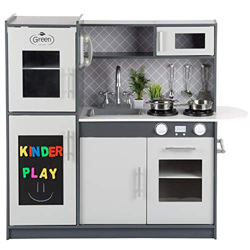 Kinderplay Grote grijze houten kinderkeuken met lamp, keukenaccessoires in set, speelkeuken hout, GS0057