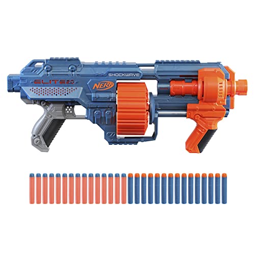 Nerf Elite 2.0 Shockwave RD-15-blaster, 30 Nerf-darts, draaiende trommel met 15 darts, pompactie voor spervuur, ingebouwde aanpassingsmogelijkheden, Standard packaging
