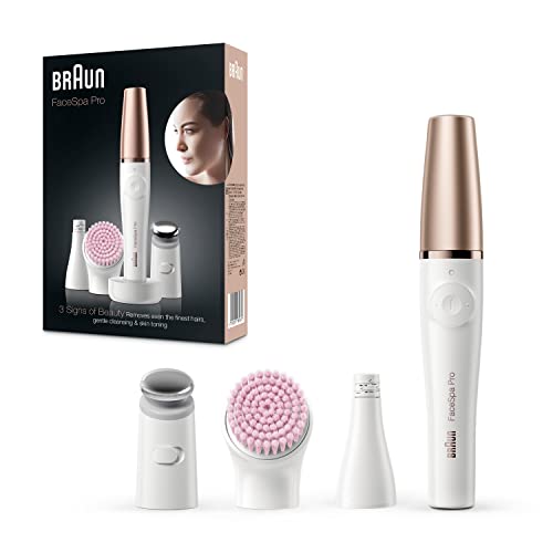 Braun Gezichtsepilator & Gezichtsborstel, FaceSpa Pro, Salonschoonheid Thuis, 3-In-1, Met 3 Extra’s en Standaard, 912, Wit/Brons