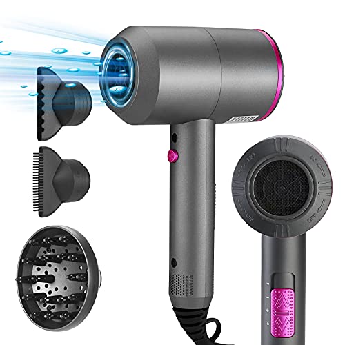 Ionic haardroger, 2000 W, haardroger met 3 temperatuurinstellingen, warm- en koude windschakelaar, met 3 sproeiers, diffusers, geluidsarm, voor haar, sneldrogende vormgeving, grijs