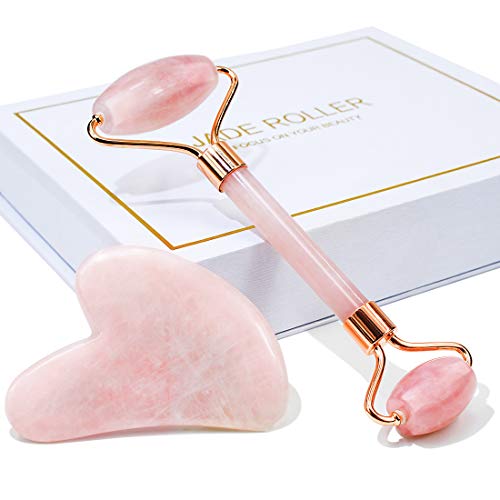 Jade Roller & Gua Sha, Face Roller, Facial Beauty Roller Huidverzorgingstools, BAIMEI Rozenkwarts Massager voor Gezicht, Ogen, Nek, Lichaam Spieren Ontspannen en fijne lijntjes en rimpels verlichten