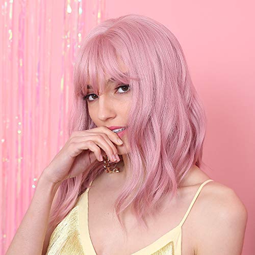 HAIRCUBE 14 inch korte krullende roze bob pruiken voor vrouwen hoogwaardige synthetische pruiken met pony