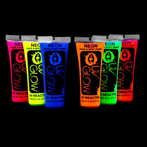 UV-Glow Bodypaint, lichaamsverf, blacklight, fluorescerende schmink, bodypaint in neonkleuren, lichtgevende kleuren, 6 x 10 ml
