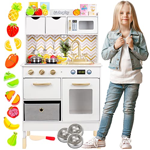 Kinderplay Kinderkeuken, speelkeuken hout - keukenspeelgoed wit en goud met accessoires, kinderkeuken hout met licht en geluid, incl. inductiekookplaat, 92 cm hoog, GS0059 (premium)