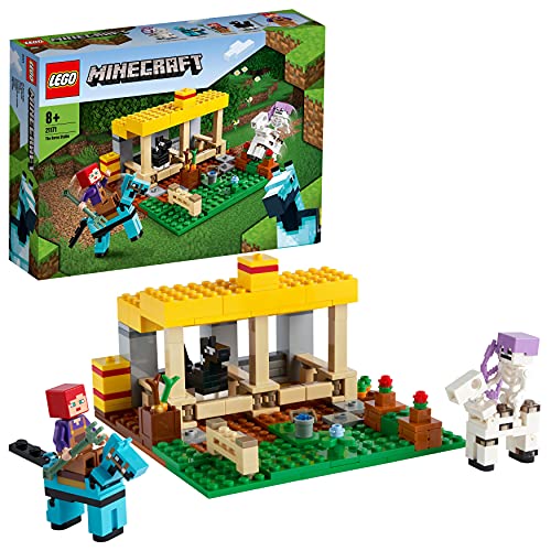LEGO 21171 Minecraft De Paardenstal Set, Boerderij Speelgoed met Skelet Ruiter Figuur, Speelgoed voor Jongens en Meisjes