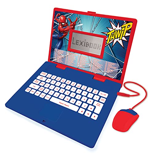 LEXIBOOK JC598SPi2 Spider-Man-Educatieve en tweetalige laptop Spaans/Engels-speelgoed voor kind Kid (jongens en meisjes) 124 activiteiten, leren spelletjes en muziek spelen met Spiderman-rood/blauw