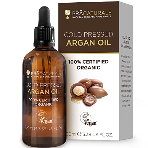 PraNaturals 100% Biologische Marokkaanse Pure Natuurlijke Arganolie voor Gezicht & Lichaam, Rijk aan Vitamine E voor Gezonde Huid, Haar & Nagels, Geen Parabenen of SLS, Veganistisch & Dierproefvrij