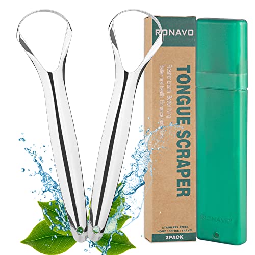 Tongschraper (2 stuks), genezen slechte adem (medische kwaliteit), roestvrijstalen tongreinigers, 100% BPA-vrije metalen tongschrapers frisser adem in seconden.door RONAVO…