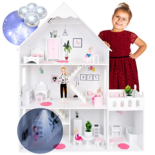 Kinderplay poppenhuis van hout, groot houten poppenhuis, versie met roze accessoires, 38 accessoires, model GS0023B-1, ledlicht