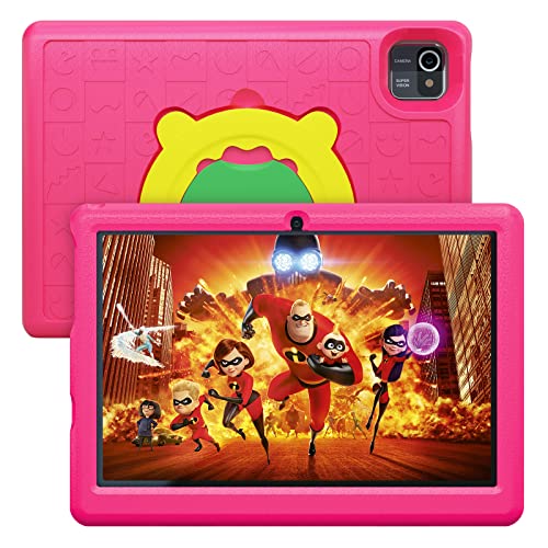 AMIAMO Kindertablet, tablet kinderen 10 inch Android 11, 1280 x 800 HD-display, 6000 mAh batterij, 2 GB + 32 GB, Quad Core, Kidoz vooraf geïnstalleerd, WiFi, Bluetooth, dubbele camera kindertablet, roze