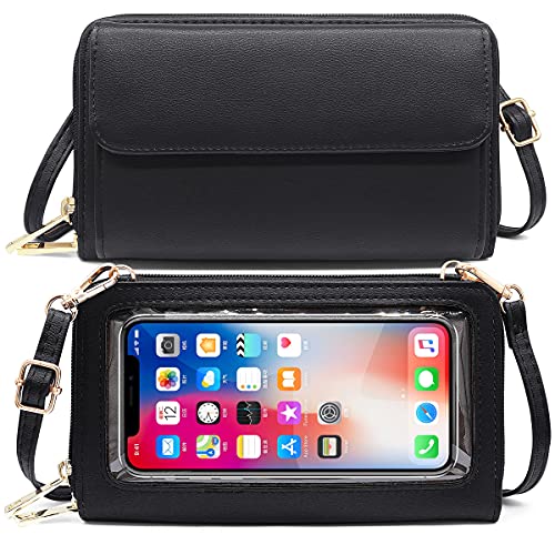 HNOOM Mobiele telefoonhoes voor dames, handtas, touchscreen, mobiele telefoon met portemonnee, RFID-bescherming, mobiele telefoon, portemonnee, schoudertas, kleine crossbody schoudertas, past mobiele telefoon kleiner dan 6,9 inch, zwart, Large