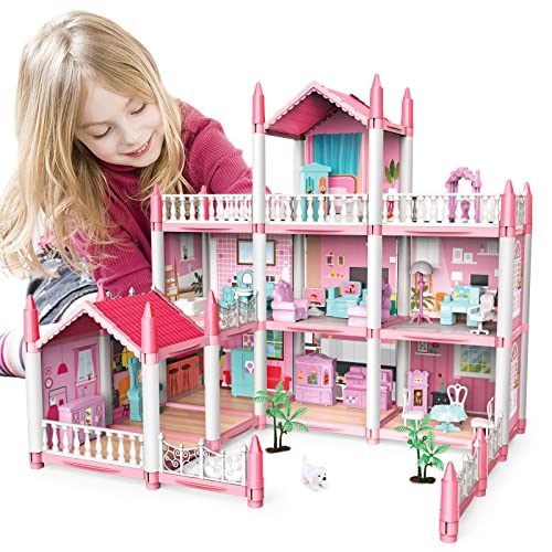 deAO Poppenhuis Dollhouse - 3 Verdiepingen 9 Kamers Roze DIY Doen Alsof Spel Gebouw Playset, Dollhouse Asseccories en Meubels, Cadeau voor 6 7 8 9 Meisjes Peuter